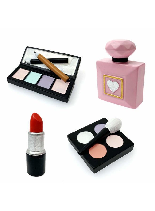 MEMOVAN Makeup Cake Topper 4 Pack, Resin Cosmetics Lipstick Perfume Bottle Eye Shadow Blush Make up Cake Decorations for Bridal Shower Bachelorette Girl Women Spa Salon Themed Birthday Party Supplies - Image 1