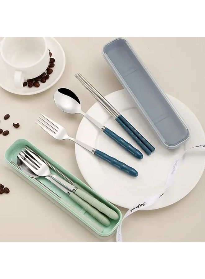 Green 3pcs Stainless Steel Portable Tableware Set Fork Spoon Chopsticks for Outdoor Camping Travel - Image 1