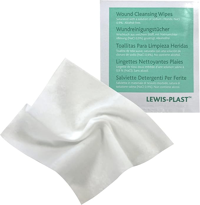 Lewis-Plast LewisPlast Premium Saline Sterile First Aid Alcohol Free Wipes Box of 100 Antiseptic Antibacterial Medical Grade Cleaning Wipe for Wound Cleansing Area Before Injection and Piercing Green - Image 2