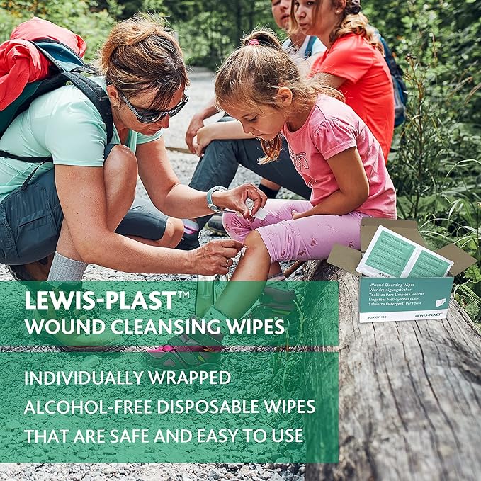 Lewis-Plast LewisPlast Premium Saline Sterile First Aid Alcohol Free Wipes Box of 100 Antiseptic Antibacterial Medical Grade Cleaning Wipe for Wound Cleansing Area Before Injection and Piercing Green - Image 4