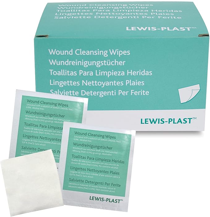 Lewis-Plast LewisPlast Premium Saline Sterile First Aid Alcohol Free Wipes Box of 100 Antiseptic Antibacterial Medical Grade Cleaning Wipe for Wound Cleansing Area Before Injection and Piercing Green - Image 1