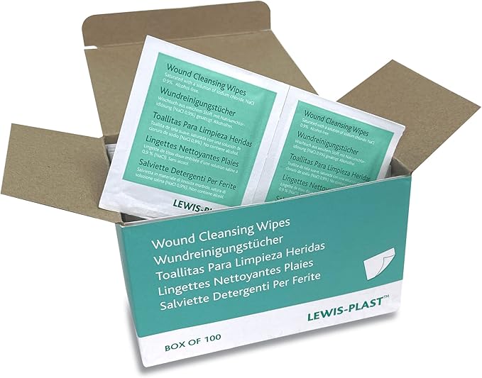 Lewis-Plast LewisPlast Premium Saline Sterile First Aid Alcohol Free Wipes Box of 100 Antiseptic Antibacterial Medical Grade Cleaning Wipe for Wound Cleansing Area Before Injection and Piercing Green - Image 3