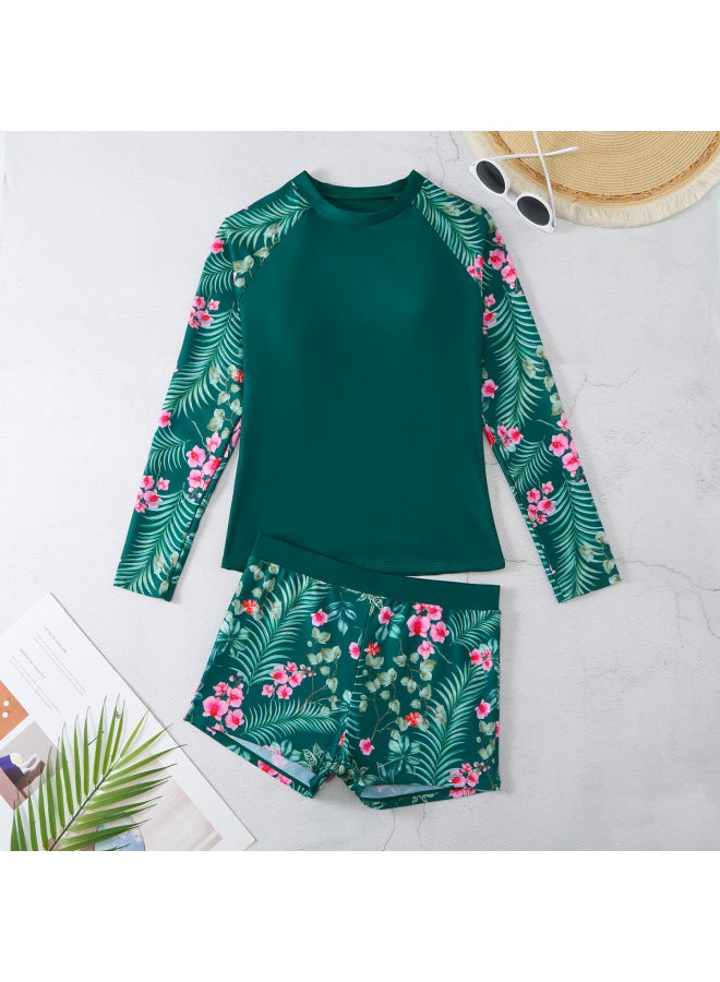 Loquat 2024 European And American Swimsuit Long Sleeve Digital Printing Conservative Women's Split Bikini Swimsuit-Color:Green- - Image 1