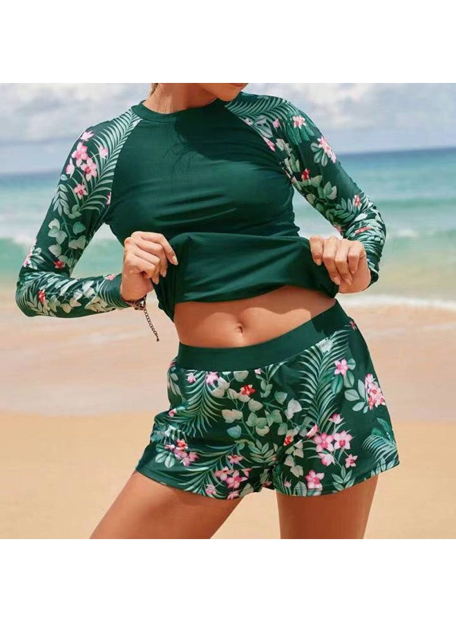 Loquat 2024 European And American Swimsuit Long Sleeve Digital Printing Conservative Women's Split Bikini Swimsuit-Color:Green- - Image 4