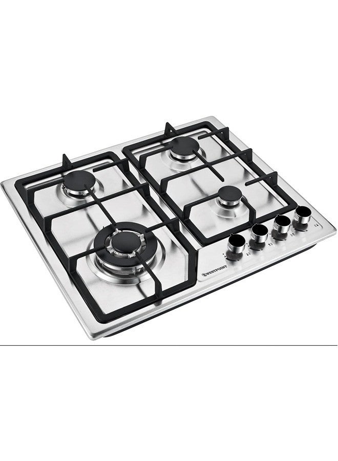 4 Burner Countertop Gas Hob with Auto Ignition, Cast Iron Support, Full Safety Features, Straight Flame, Stainless Steel Body, Enamabled Burners WGUJ-6640GIF Stainless Steel