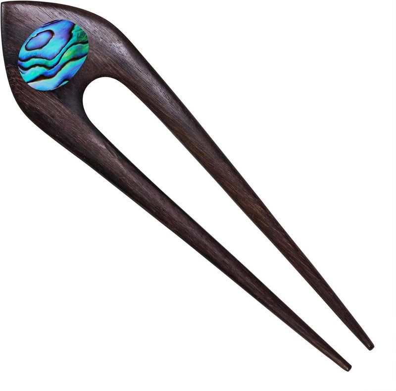 81stgeneration Womens Brown Natural Wood Wooden Double Prong Abalone Paua Shell Hair Stick Pin Hairpin