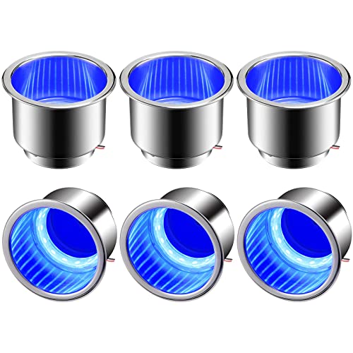 Yexiya 6 Pcs LED Cup Holder Marine Cup Drink Holder Stainless Steel Cup Holders Insert with Drain for Boat Yacht Car Camper Truck RV, Blue Lights - Image 1