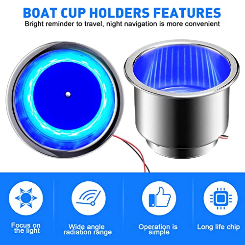 Yexiya 6 Pcs LED Cup Holder Marine Cup Drink Holder Stainless Steel Cup Holders Insert with Drain for Boat Yacht Car Camper Truck RV, Blue Lights - Image 4