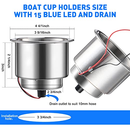 Yexiya 6 Pcs LED Cup Holder Marine Cup Drink Holder Stainless Steel Cup Holders Insert with Drain for Boat Yacht Car Camper Truck RV, Blue Lights - Image 2