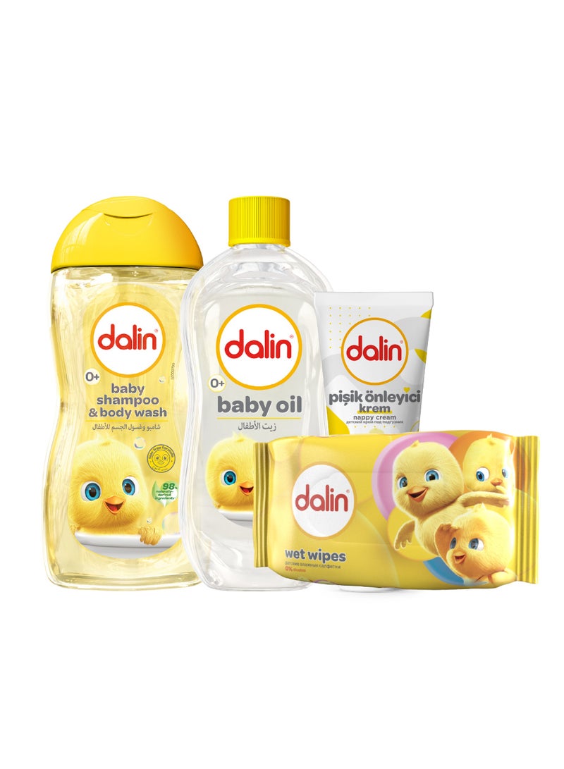 DALIN مجموعة العناية بالطفل دالين 5 قطع، شامبو الأطفال، غسول الجسم، زيت الأطفال، مناديل مبللة، كريم الحفاضات - Image 2