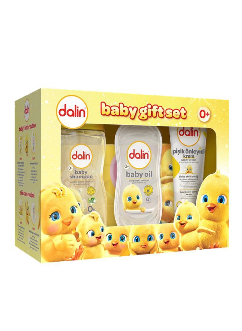 DALIN مجموعة العناية بالطفل دالين 5 قطع، شامبو الأطفال، غسول الجسم، زيت الأطفال، مناديل مبللة، كريم الحفاضات - Image 1