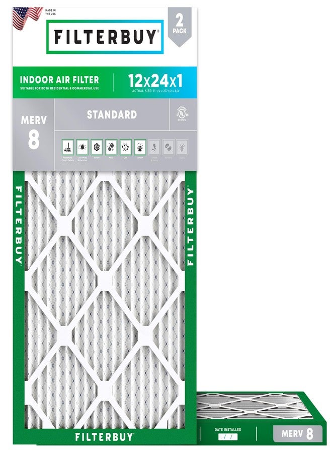 Filterbuy 12x24x1 Air Filter MERV 8 Dust Defense (2-Pack), Pleated HVAC AC Furnace Air Filters Replacement (Actual Size: 11.38 x 23.38 x 0.75 Inches) - Image 1