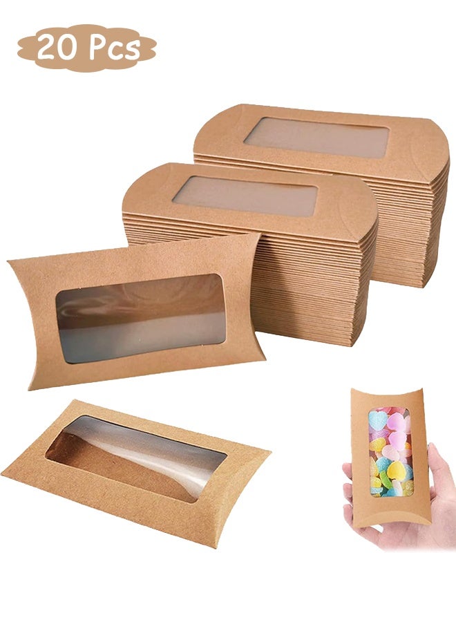 جي دي ٢٠ كيس هدايا ورقي كرافت قابل لإعادة الاستخدام مع نوافذ، علب صغيرة قابلة للطي على شكل وسادة لتغليف الحلويات والشوكولاتة والمجوهرات وحفلات الزفاف ومتاجر البيع بالتجزئة وهدايا الحفلات - Image 1