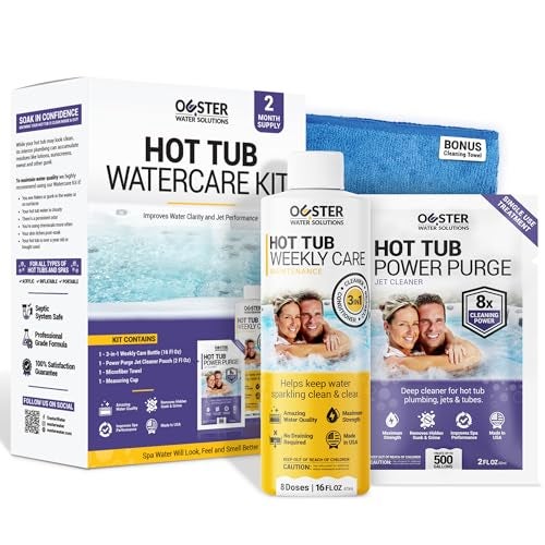 Bio Ouster Hot Tub Chemicals Kit Complete Hot Tub Cleaner Kit with 3in1 Weekly Care, Power Purge Jet Cleaner, Towel, Measuring Cup for Standard and Inflatable Spas Made in USA - Image 1