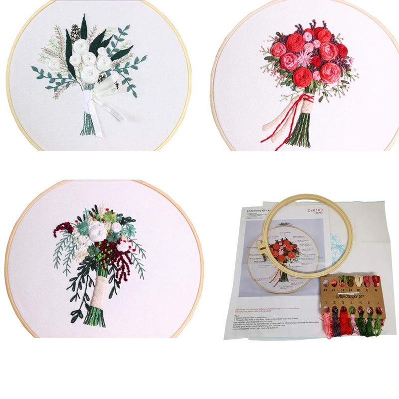SUQUUB 3 Sets Embroidery Starter Kit with Pattern and Instructions,Cross Stitch Beginner Kits with Frame,3 Plastic Embroidery Hoops,3 Embroidery Clothes and Color Threads (3 X Flower Pattern) - Image 2
