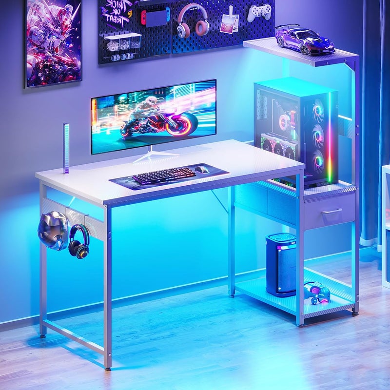 Coleshome 120×48 cm Gaming Desk with LED Lights, Reversible Computer Desk with Drawers & Display Shelves, Gaming Table with Headphone Hook, Carbon Fiber White - Image 2