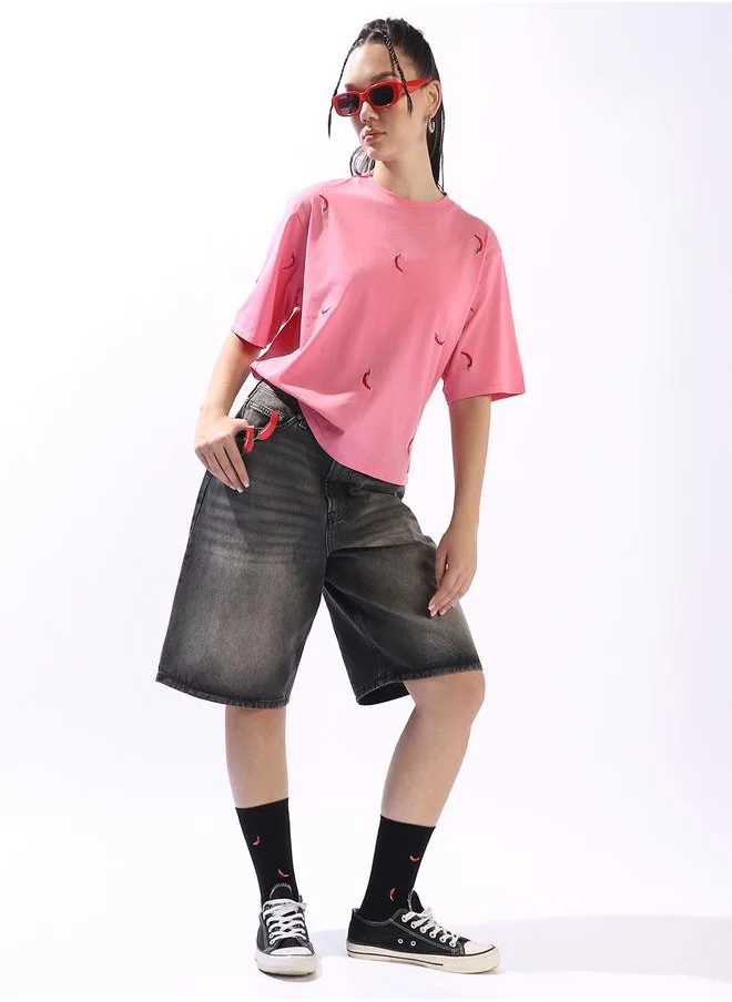 هوبرهولمي Women's Pink 100% Cotton Embroidered Oversized T-Shirt