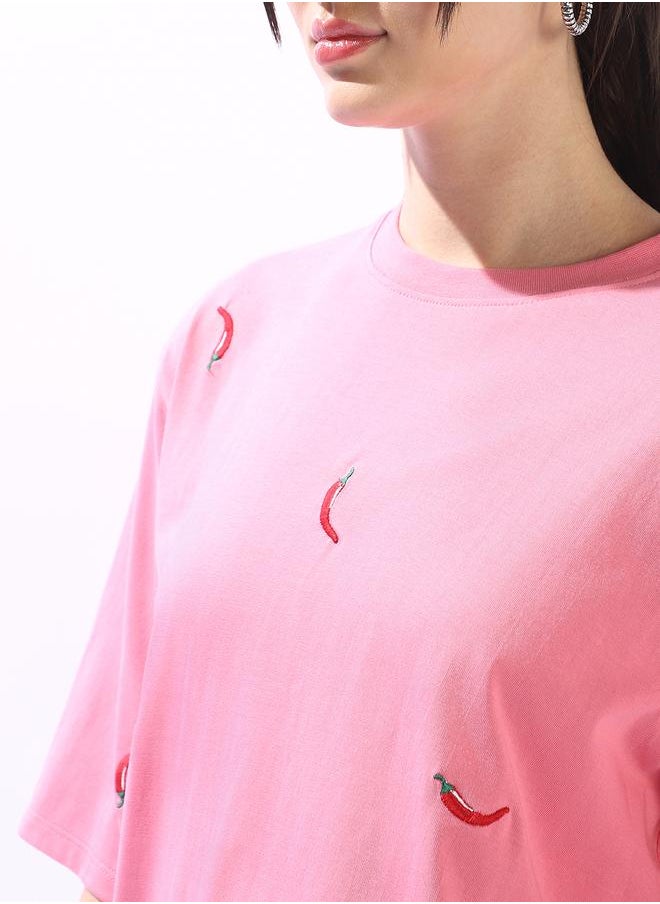 Hubberholme Women's Pink 100% Cotton Embroidered Oversized T-Shirt  - Image 5