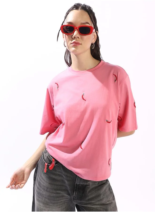 هوبرهولمي Women's Pink 100% Cotton Embroidered Oversized T-Shirt