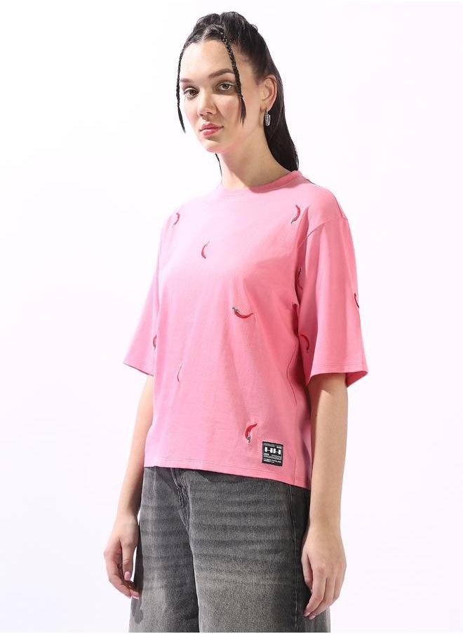 Hubberholme Women's Pink 100% Cotton Embroidered Oversized T-Shirt  - Image 3