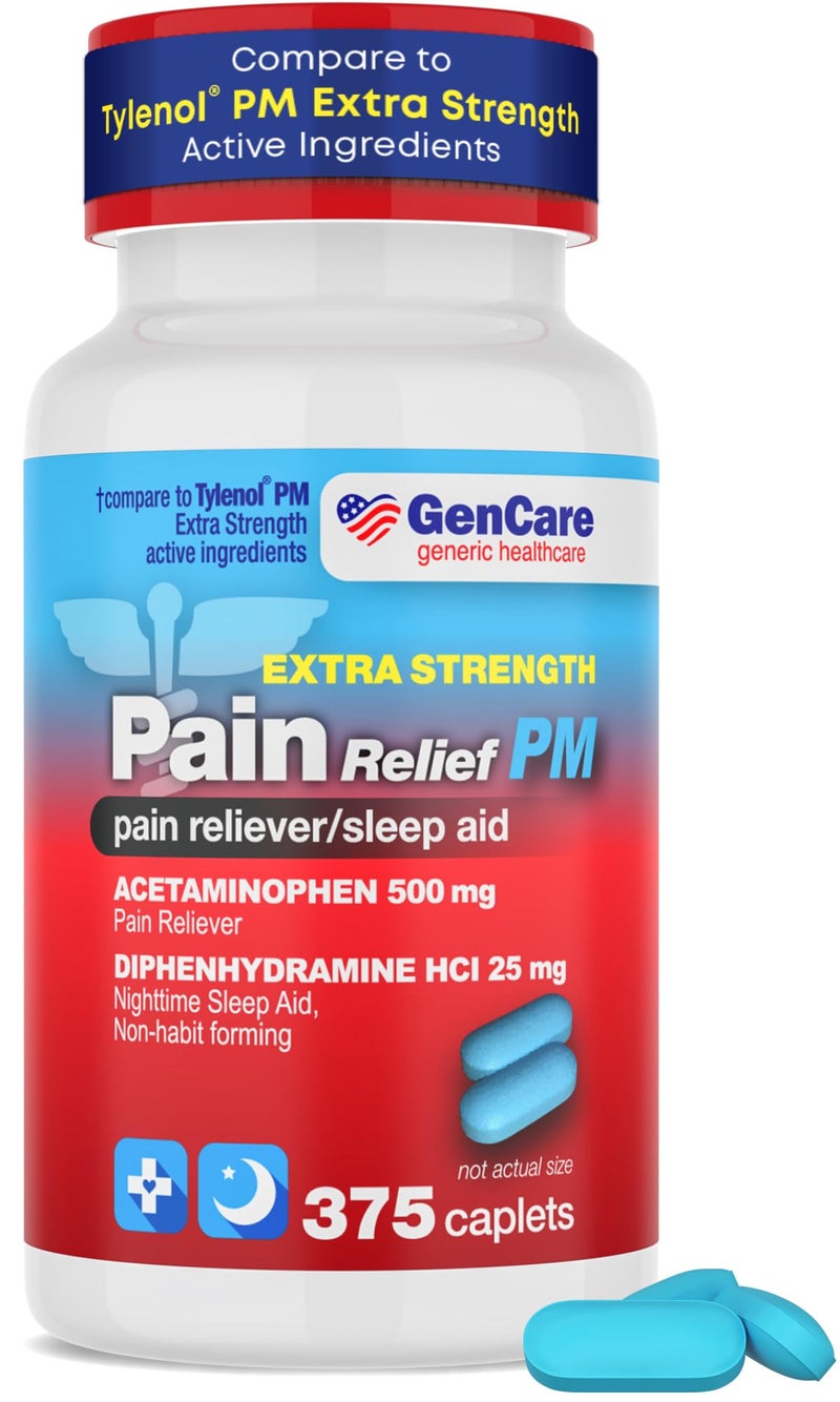 GenCare Extra Strength Acetaminophen PM 500 mg 375 Tablets Ultimate Pain Relief Sleep Support for Adults Quick Acting Non Habit Forming Headache Relief Eases Aches Joint Discomfort