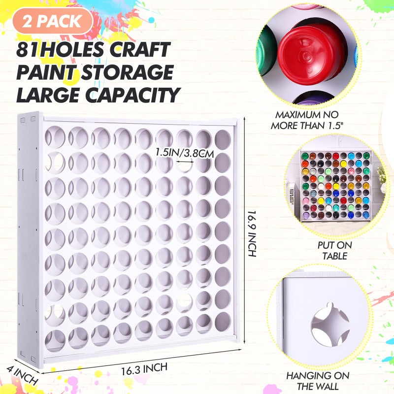 Hicarer 2 Pcs 81 Holes Craft Paint Storage Organizer Vertical Paint Rack Stand Storage Containers Wall Mounted Holder Removable Organizer Box for 2oz Bottle Art Supplies - Image 2