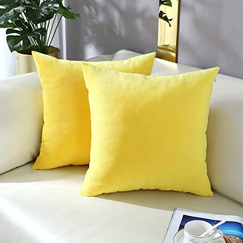 Blue Monkey Soft Velvet Cushion Cover Soft Throw Pillow Cover Pack of 2, Solid Square Cushion Case (16x16, Lemon Yellow) - Image 1
