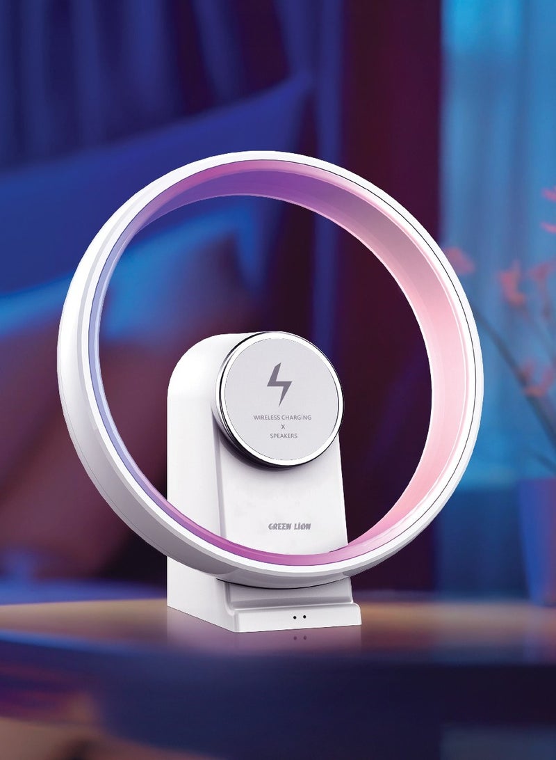 GREEN LION Jupiter Bluetooth Speaker and Wireless Charger 15W with Table Lamp / Transmission Range 20 m / Charging Time: 1.5 Hrs / Lights 100 RGB LEDs & 9 Lighting Modes / Input Port Type-C / 2 Hrs Working Time - White - Image 2