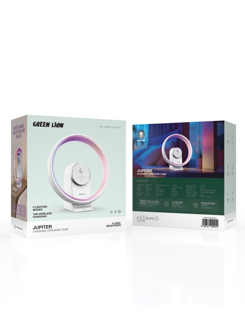 GREEN LION Jupiter Bluetooth Speaker and Wireless Charger 15W with Table Lamp / Transmission Range 20 m / Charging Time: 1.5 Hrs / Lights 100 RGB LEDs & 9 Lighting Modes / Input Port Type-C / 2 Hrs Working Time - White - Image 3