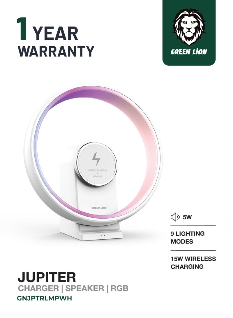 GREEN LION Jupiter Bluetooth Speaker and Wireless Charger 15W with Table Lamp / Transmission Range 20 m / Charging Time: 1.5 Hrs / Lights 100 RGB LEDs & 9 Lighting Modes / Input Port Type-C / 2 Hrs Working Time - White - Image 1