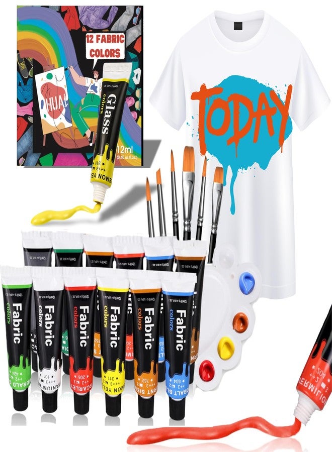 Hual Fabric Paint Set for Clothes with 6 Brushes, 1 Palette, 12 Colors (12ml, 0.4oz) - Permanent Textile Paint Puffy Paint Kit for Shoes, Canvas - Non-Toxic Slick Painting Set for Adults, Beginner & - Image 1