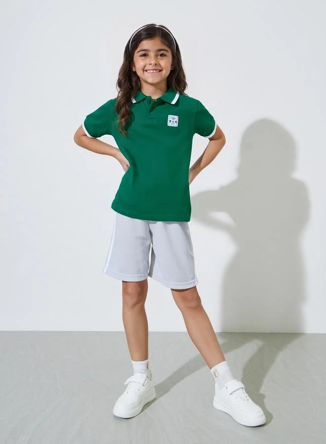 Styli Girls Dark Green KSA National Day Patchwork Contrast Trims Polo T-Shirt