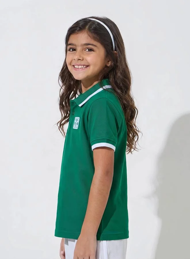 Styli Girls Dark Green KSA National Day Patchwork Contrast Trims Polo T-Shirt