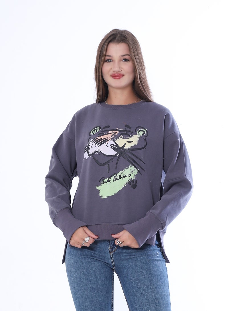 بيبو سويت شيرت نسائي، طباعة جرافيك، أكمام طويلة_رمادي غامق - Image 1