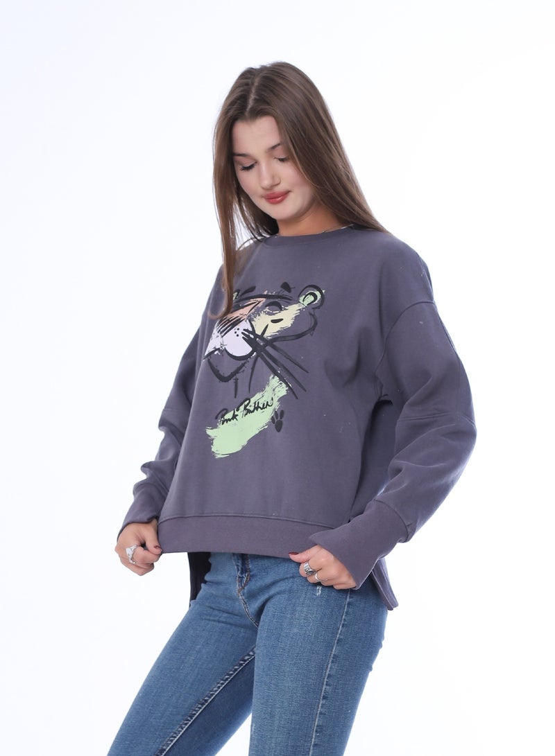 بيبو سويت شيرت نسائي، طباعة جرافيك، أكمام طويلة_رمادي غامق - Image 2