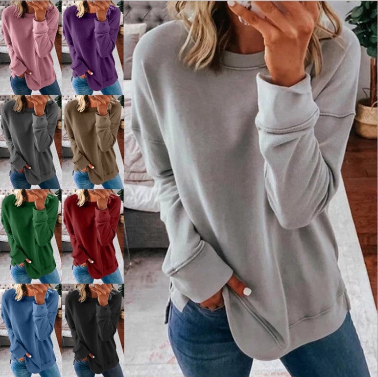 2020 autumn and winter women's cross-border WISH European and American casual round neck loose solid color long-sleeved t-shirt women Darkgray L - Image 2