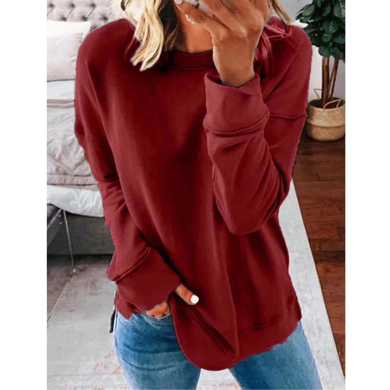 2020 autumn and winter women's cross-border WISH European and American casual round neck loose solid color long-sleeved t-shirt women Darkgray L - Image 4