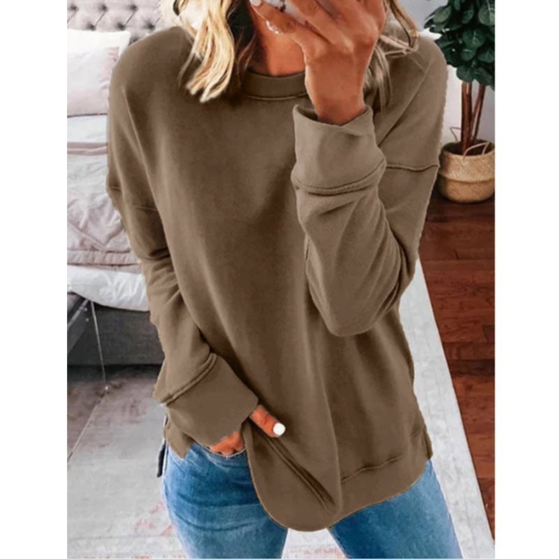 2020 autumn and winter women's cross-border WISH European and American casual round neck loose solid color long-sleeved t-shirt women Darkgray L - Image 5