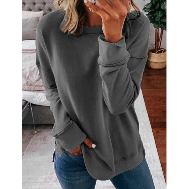 2020 autumn and winter women's cross-border WISH European and American casual round neck loose solid color long-sleeved t-shirt women Darkgray L - Image 1
