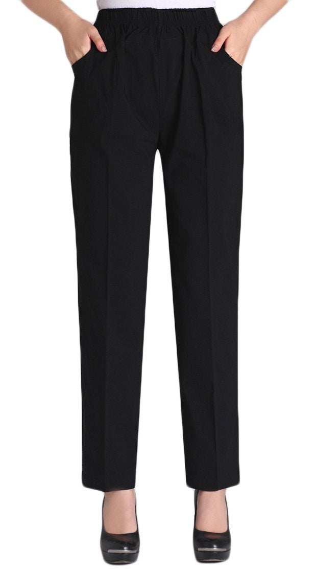 Soojun Womens Summer Elastic Waist Comfy Stretch Pull On Pants Black XXLarge