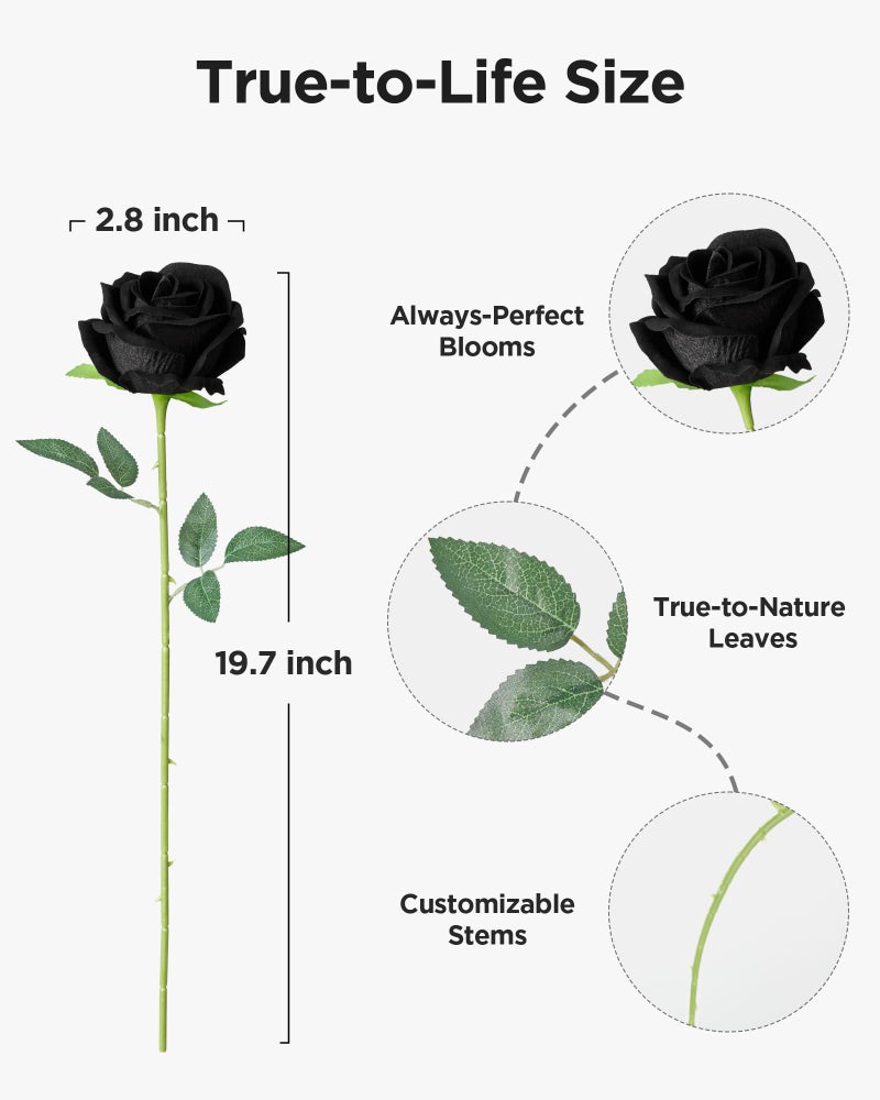 InnoGear 50 Pcs Black Roses Artificial Flowers, Fake Velvet Silk Rose Bulk Faux Flower for Decoration DIY Wedding Centerpieces Proposal Bridal Bouquets Shower Party Home Floral Decor (50, Black) - Image 2