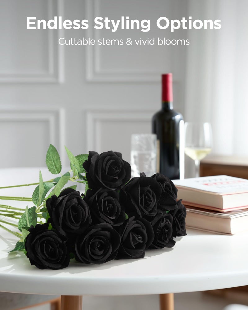 InnoGear 50 Pcs Black Roses Artificial Flowers, Fake Velvet Silk Rose Bulk Faux Flower for Decoration DIY Wedding Centerpieces Proposal Bridal Bouquets Shower Party Home Floral Decor (50, Black) - Image 3