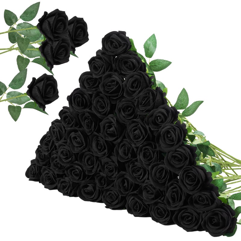 InnoGear 50 Pcs Black Roses Artificial Flowers, Fake Velvet Silk Rose Bulk Faux Flower for Decoration DIY Wedding Centerpieces Proposal Bridal Bouquets Shower Party Home Floral Decor (50, Black) - Image 1