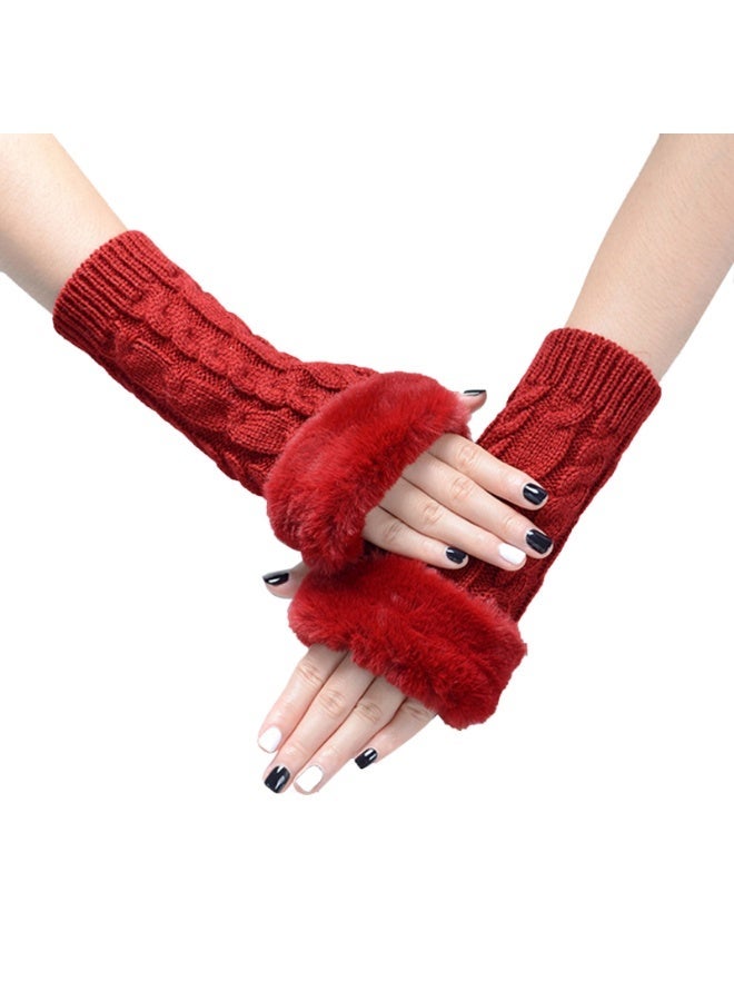 Women Knit Fingerless Gloves, Arm Warmers with Faux Fur, Winter Fingerless Wrist Warmer Mittens - Image 1