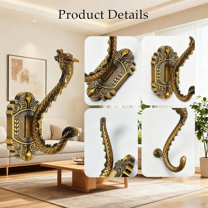 2 قطعة من خطافات الحائط التنين البرونزية العتيقة، خطافات معطف نحاسي عتيق بلون بني مسود - Image 3