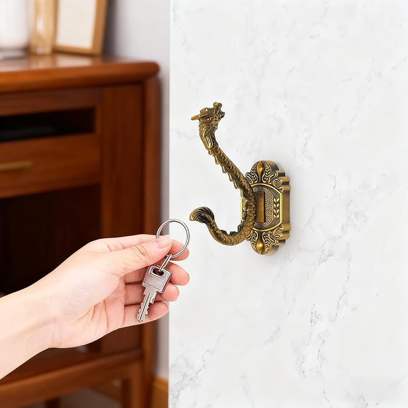 2 قطعة من خطافات الحائط التنين البرونزية العتيقة، خطافات معطف نحاسي عتيق بلون بني مسود - Image 4