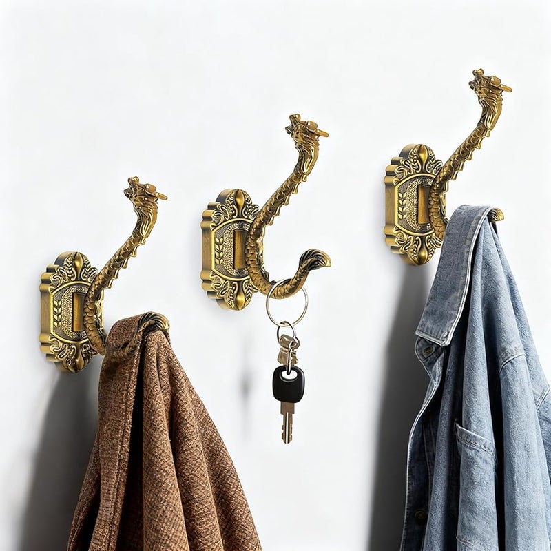 2 قطعة من خطافات الحائط التنين البرونزية العتيقة، خطافات معطف نحاسي عتيق بلون بني مسود - Image 5