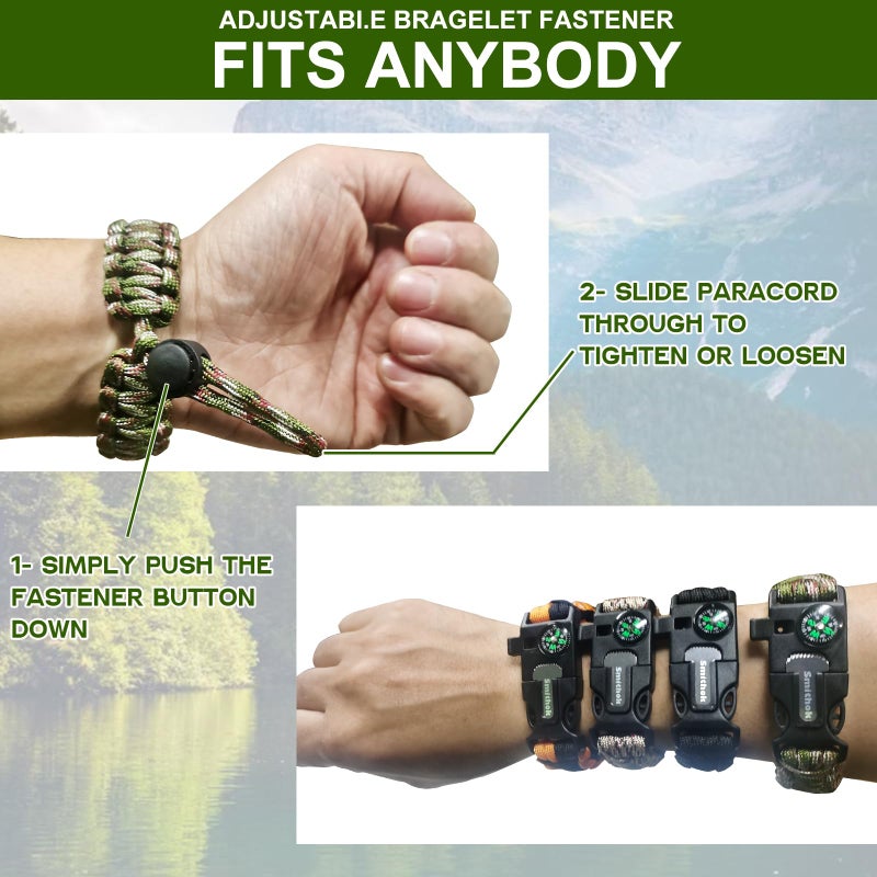 Smithok Paracord Survival Bracelet-Length Adjustable,Loud Whistle Emergency Compass Survival Fire Starter Scraper Accessories for Hiking and Camping and Hunting 4-Pack(Muti-Color) - Image 3