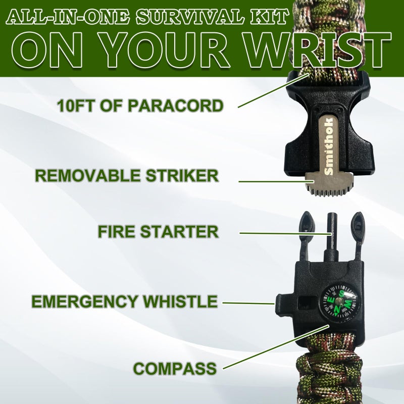 Smithok Paracord Survival Bracelet-Length Adjustable,Loud Whistle Emergency Compass Survival Fire Starter Scraper Accessories for Hiking and Camping and Hunting 4-Pack(Muti-Color) - Image 4