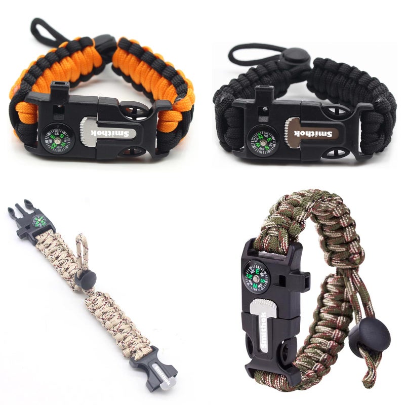 Smithok Paracord Survival Bracelet-Length Adjustable,Loud Whistle Emergency Compass Survival Fire Starter Scraper Accessories for Hiking and Camping and Hunting 4-Pack(Muti-Color) - Image 1